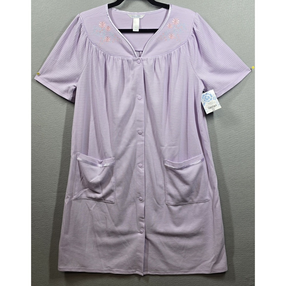 Adonna Waffle‎ Weave Satin Embroidered Housecoat Snap Robe Bathrobe Purple Small